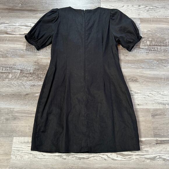 J.Crew Black Linen Button-Front Midi Dress Puff Sleeves Lined Size 4 - Picture 4 of 8